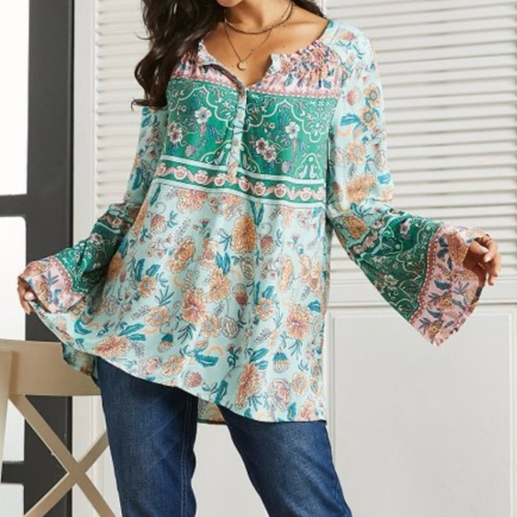 New Suzanne Betro Weekend Long Boho Peasant Tunic Bell Sleeve Style Blouse - Picture 2 of 9